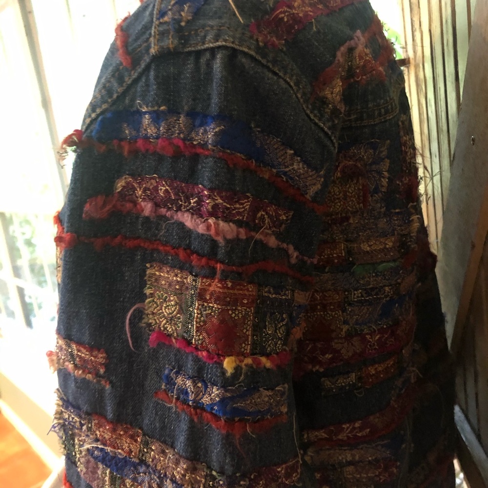 Boho jeans jacket unique denim jackets colorful jean jacket size Medium - Picture 7 of 8